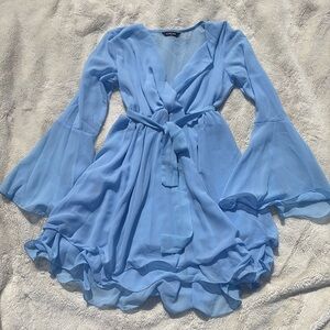 ChickMe Light Blue Dress – Size M | Ruffle Hem & Bell Sleeves | Feminine Chic
